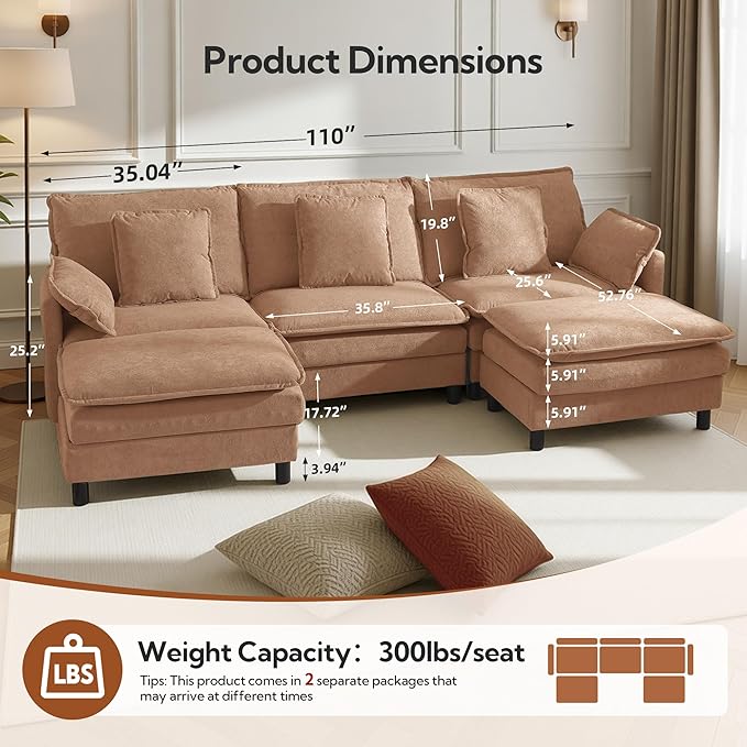 Claiks 110" Modular Sectional Sofa, Cloud Couch with Ottoman, U-Shaped 5-Seater Sofa in Chenille Fabric, Deep Seat Comfy Couch with Pillows for Living Room & Offices, Khaki