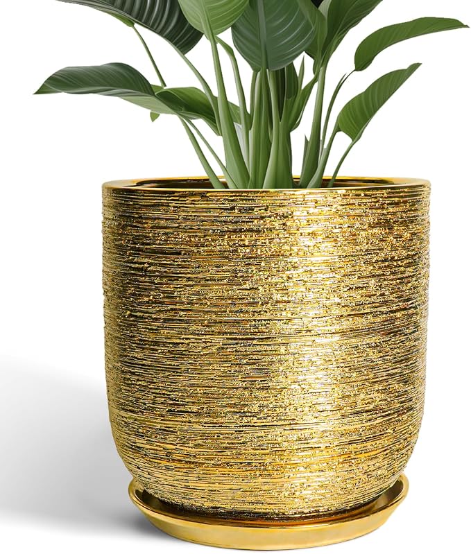 Ceramic Pots for Plants 12 Inch - Ceramic Planter for Indoor Outdoor Flowers, Cylinder Modern Flower Pot with Drainage Hole and Saucer, Patio Home Decor, Gifts for Plants Lovers, Gold