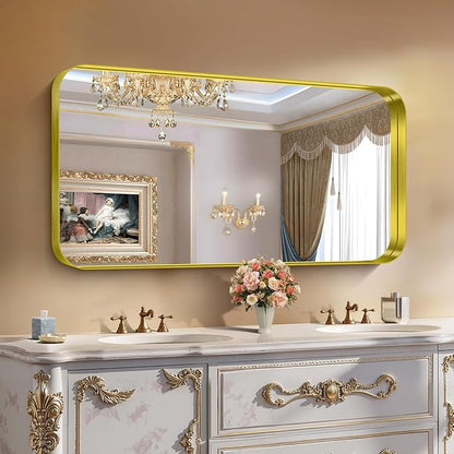 CIRCUMI Gold Bathroom Mirror, Rounded Corner, Tempered Glass, Large Mirror