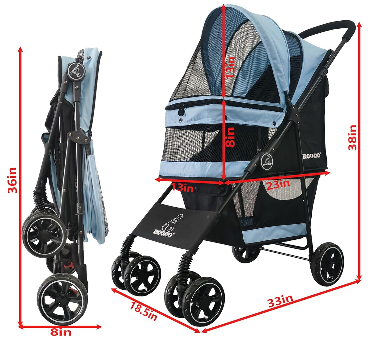 ROODO 4 Wheel Dog Cat Pet Stroller Best Lightweight Foldable Compact Portable Jogger All Terrain Travel Pet Gear Puppy Doggie Bunny Kitty Stroller for up to 30lbs Medium Small Dogs Cats(Sky Blue)