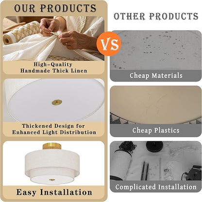 3 Light Semi Flush Mount Ceiling Light Fixture 15.7 Inch Modern Gold Drum Ceiling Light Fixture with 2-Layer Fabric Shade Dimmable Close to Ceiling Light for Living Room Hallway Bedroom Entryway