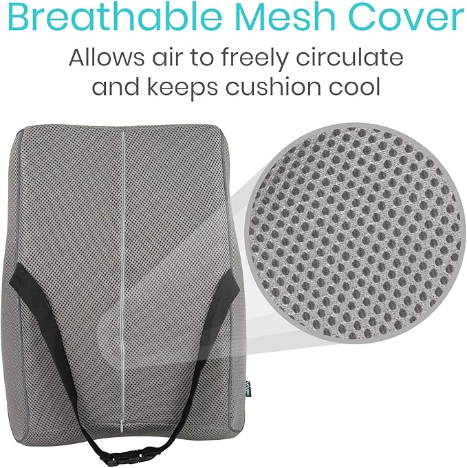 Vive Full Lumbar Cushion - Memory Foam Contour Support for Lower Back Pain - Ergonomic Pressure Relief for Office Chair, Car - Large Mesh Orthopedic Seat Backrest Roll for Improving Posture (Gray)