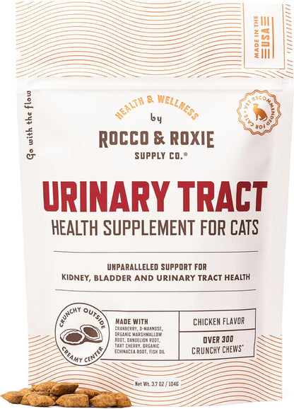 Rocco & Roxie Cat Urinary Tract Health Supplement, Cranberry and D-Mannose for Kidney, Bladder, and UT Support, Vet Recommended Chicken Flavored Crunchy Chews Cats Love, Made in USA