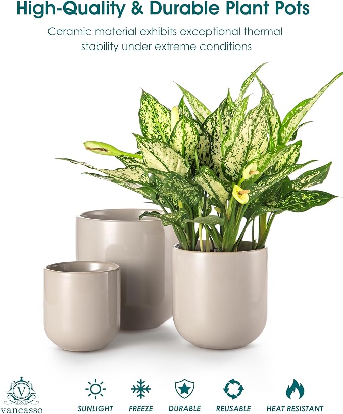 vancasso Ceramic Plant Pots, 4+5+6 inches, Set of 3, Planters with Drainage Hole, Flower Pots Planters Pots for Indoor Plants, Modern Indoor Decorative Garden Pot, Home Decor, Gray