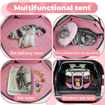 Persure Dog Cat Pet Playpen Puppy Crate Cage for Indoor Outdoor Travel | Nursing Rest Zone Recovering Pet Quarantine Room Portable Pop Up Easy to Set up lightweight Carrying Bag(Pink with Pad,Small)