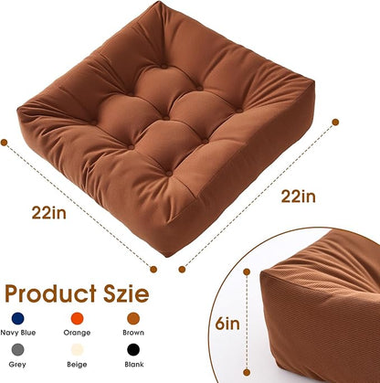 Tikuns Floor Pillows for Adults, 22x22x6 Inch Meditation Cushions, Large Square Sitting Cushion Living Room Memory Foam Pillow for Sitting (1, Brown, 22x22x6 Inch)