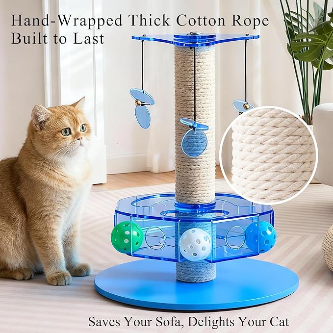 Modern 3-in-1 Interactive Cat Toy with Scratching Post, Rotating Cat Puzzle Toys for Indoor Cats with Colorful Jingle Balls, Spinning Teaser Disc with Dangling Toys, Acrylic, Blue