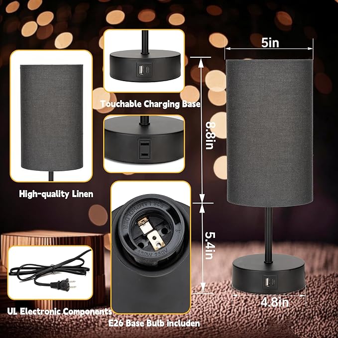 Bedside Table Lamp for Bedroom - 3 Way Dimmable Touch Lamp USB C Charging Ports and AC Outlet, Black Base Round Flaxen Fabric Shade for Living Room, Desk, LED Bulb Included(Black)