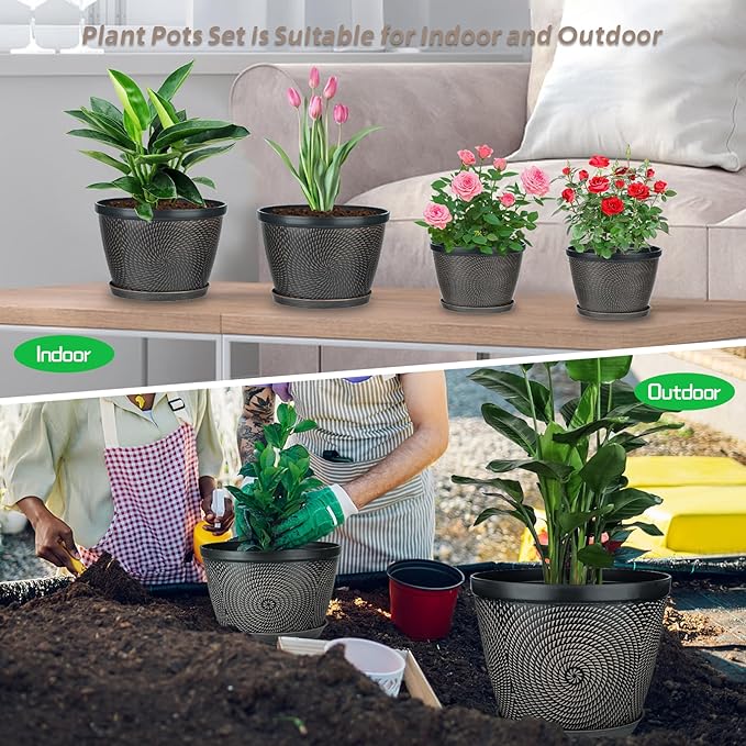 Quarut 4 Pack 8 Inch Flower Pots Planters for Outdoor Indoor | Plastic Plant Pots with Drainage Hole & Tray, Modern Decorative Garden Pot with Saucer, planters for House