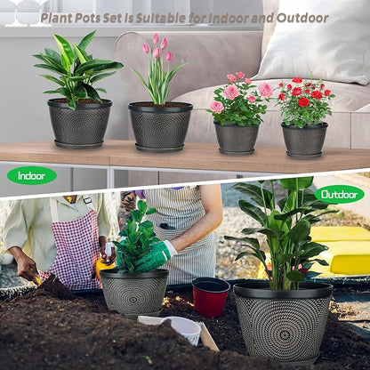 Quarut 4 Pack 8 Inch Flower Pots Planters for Outdoor Indoor | Plastic Plant Pots with Drainage Hole & Tray, Modern Decorative Garden Pot with Saucer, planters for House