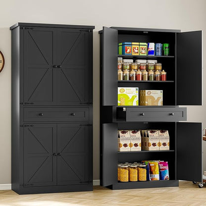 Pantry Organizers and Storage Cabinet, 70” Barn Door White Kitchen Cabinet