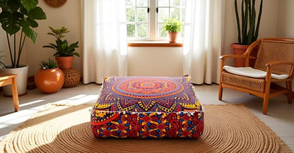 CRAFT KALA Large Hippie Mandala Meditation Floor Ottoman Pillow Cushion Pouf Cover Square Poufs Bohemian Circle Floor Cushion Case Outdoor Fireplace Yoga Living Room Decor Cover New Orange, 16" Square