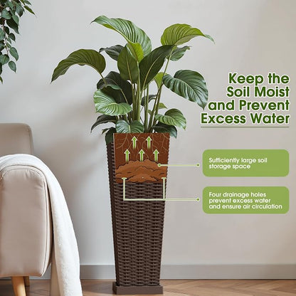 Devoko Resin Tall Planters for Outdoor Plants Set of 2, Large Taper Outdoor Planter Pots with 4 Drainage Holes, Flower Pots Modern Decor for Porch, Patio, Backyard, Garden(Brown, 23.6" with Trays)