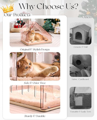 Acrylic Cat House for Indoor Cats, Transparent Cat Bed Cave with Plush Cushion & Hanging Toys, Modern Ventilated Cat Condo with Sturdy Wooden Base for Adult Cats & Kittens up to 12 lbs, Pink