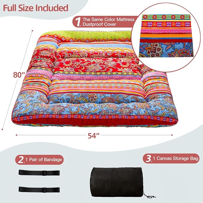 MAXYOYO Bohemian Retro Floor Mattress Vintage Floral Japanese Futon Mattress Roll Up Thicken Sleeping Bed Portable Camping Mattress Floor Lounger Couch Bed Mattress Pad, Full Size