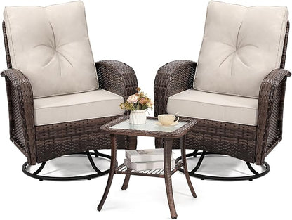 wildformers Luxury Outdoor Swivel Wicker Glider Patio Chairs with Table Set, Overstuffed Washable Cushions, Ideal for Porch, Balcony, Deck, Brown Rattan and Beige Cushion