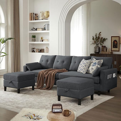 101" Convertible Sectional Sofa, Modern Linen Fabric U-Shaped Couch with 2 Storage Ottomans and Storage Pocket, 4 Seat Sofa Couches for Living Room, Apartment, Office, Darkgrey