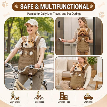 Dog Carrier Tactical Backpack for Medium Large 26-40lbs, Dog Soft Hands-Free Legs Out Pet Cat Front Carrier Backpack Facing Travel Bag for Outdoor Traveling Hiking Camping Bike (Brown)