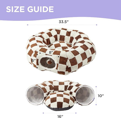Lesure Donut Cute Jacquard Cat Tunnel Bed Kitten Toys for Puppy Bunny | 33.5x33.5x10in,Round Cat Bed Tube for Indoor Cats Rabbit Dog,Pet Peekaboo Cave Toy,Spiral Hideaway,Washable Cushion,Brown