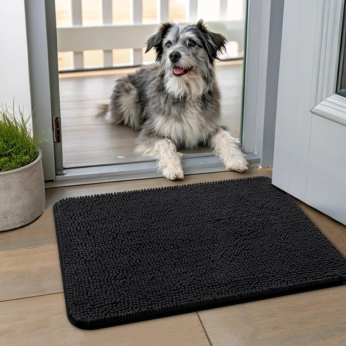 Smiry Dog Door Mat for Muddy Paws 24x16, Absorbs Moisture and Dirt Doormat, Non-Slip Washable Quick Dry Chenille Front Door Mat Indoor Entrance, Entryway Carpet for Inside Floor, Black
