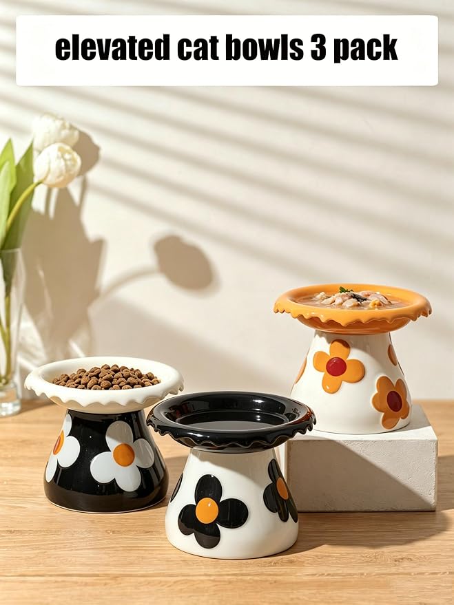 Mushroom Elevated Cat Bowls Ceramic, Cute Cat Bowls Whisker Fatigue | Raised Cat Bowl for Indoor Cats, Raised Dog Bowls Stand for Food and Water, White 5.8" Wide for Adult Cats