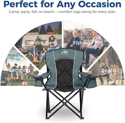 Matrasco Oversized Padded Camping Chair, Heavy-Duty Steel Frame for 450 lbs Supports, Convenient 6-Can Cooler, Portable Carry Bag, Perfect for Outdoor, Beach, and Hiking (Gray & Black)