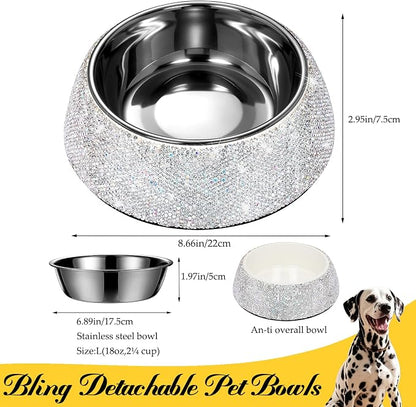 SlowVibes Bling Stainless Steel Dog Cat Bowl, Detachable, 18 oz | Rhinestone metal food or water bowl for medium large dogs and cats, rust-resistant non-slip puppy dish, sparkle pet essential