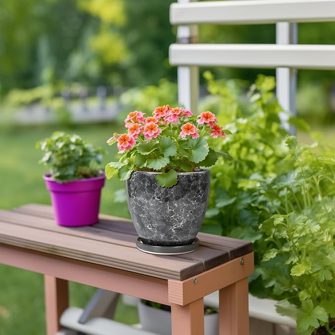 Ceramic Pots for Plants - 6 Inch Ceramic Planter with Drainage Hole and Saucer, Modern Planters for Indoor Outdoor Plants, Round Planter, Home Garden Decor, Plant Lover Gifts, Grey