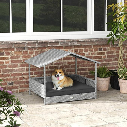 PawHut Wicker Dog House Outdoor, Silver Wicker, Gray Cushion | Rattan Dog Bed, Canopy, Water-resistant Cushion, Raised Pet Bed for Small, Medium Breeds up to 66 lbs, 20" in Length