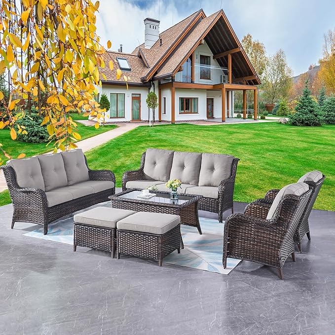 Rilyson Wicker Patio Furniture Sofa Set - 7 Piece Rattan Outdoor Patio Sectional Conversation Sets with 2 Sofa,2 Armrest Chairs,1 Coffee Table and 2 Ottomans for Porch Deck Garden(Brown/Grey)