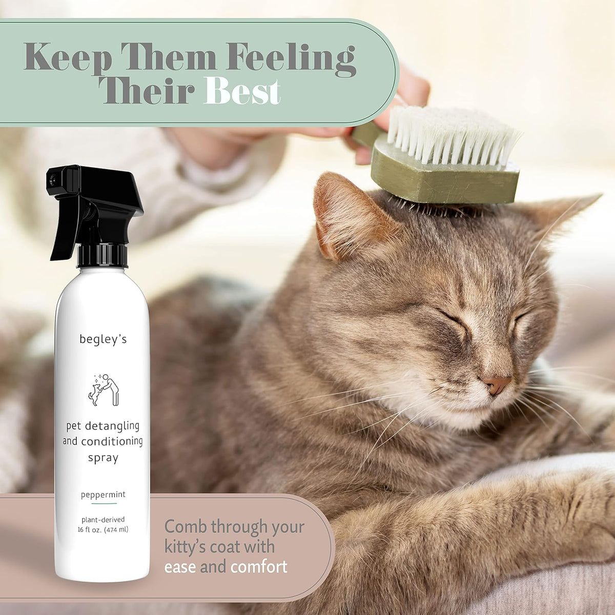 Begley's Pet Detangling Spray - Premium Essential Oil Scented Detangler Spray for Dogs, Puppies & Cats - Dog Leave in Conditioner Spray - Dematting Spray for Dogs & Pets - 16 oz, Peppermint