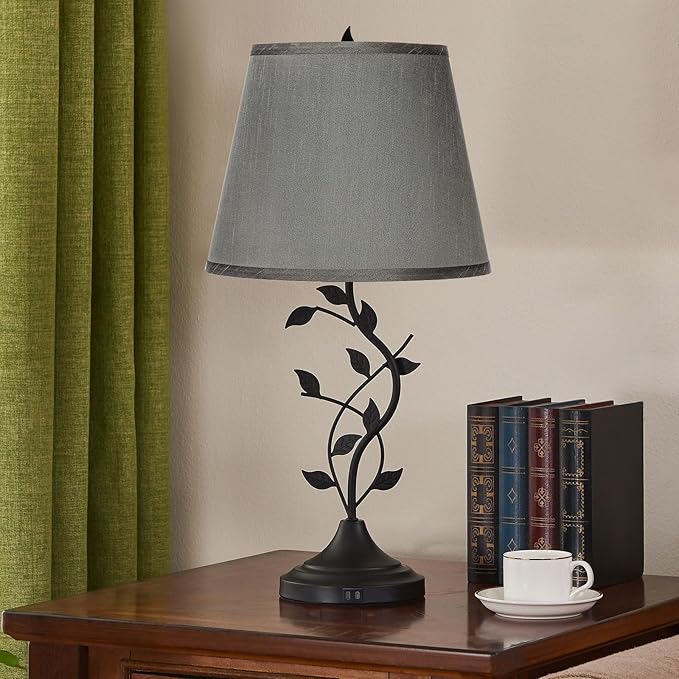 Kakanuo Table Bedside Lamp with USB C Charging Port, Grey Traditional Nightstand Lamp for Living Room, Desk Lamp Large Retro Table Lamp for Bedroom