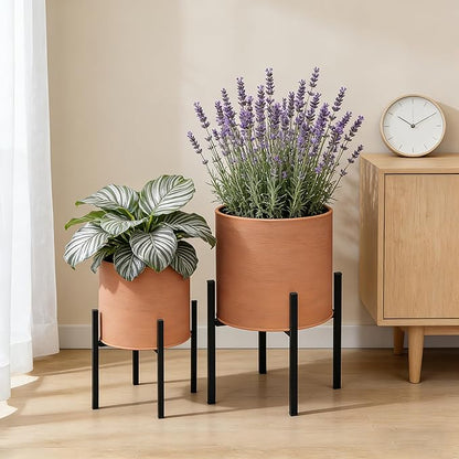 ARNIS Modern Plant Pots, Large Planters with Stand, Set of 2 Decorative Planters, Metal Pots with Drainage Holes for Living Room, Office, Garden or Balcony, 10.5 &12.25 Inch, Terracotta