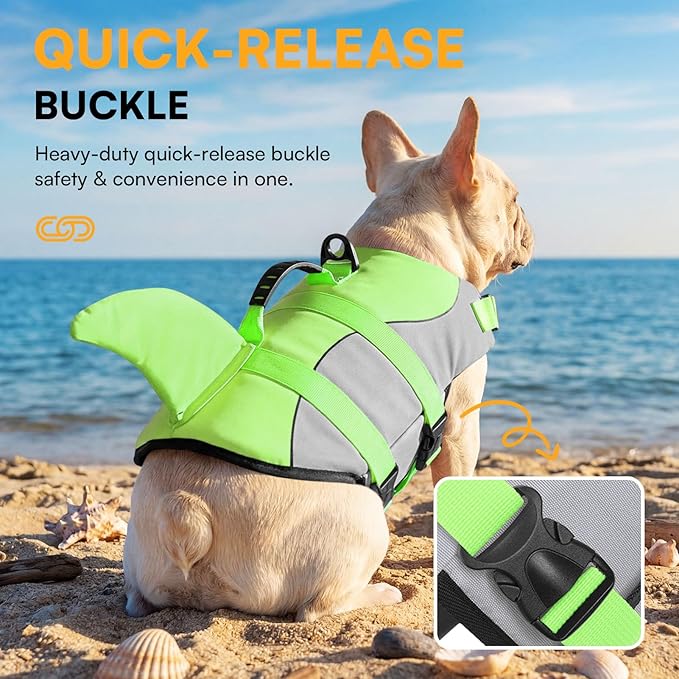 Dog Life Jacket Ripstop Shark Dog Safety Vest Adjustable Preserver with High Buoyancy and Durable Rescue Handle for Small,Medium,Large Dogs, Green Shark XX-Large