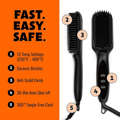 Tame The Wild Pro Beard Grooming Kit for Men - Heated Straightener with 12 Temp Settings, Heat Protector Spray, Soap, Balm, Comb & Travel Case - Gift Set