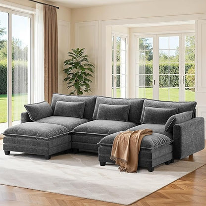 Pipishell 110.6" U-Shaped Modular Sectional Sofa, 5-Seat Modern Chenille Deep Seat Comfy Cloud Couch with 2 Movable Ottoman & Throw Pillows for Living Room, Living Room & Apartment, Dark Grey