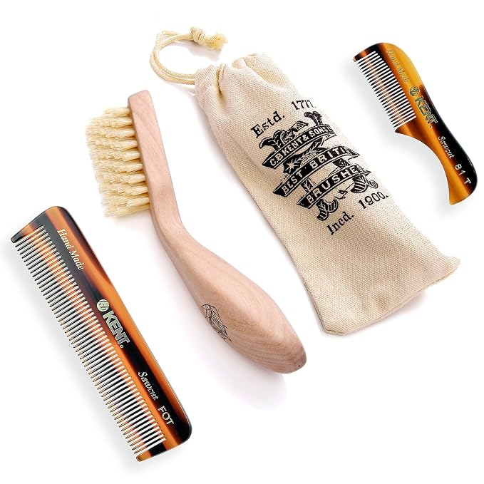Kent Beard & Mustache Grooming Kit Includes BRD2 White Boar Bristle Beard Brush, 81T Handmade Sawcut Comb, and FOT Fine Tooth Beard Comb for Men’s Care