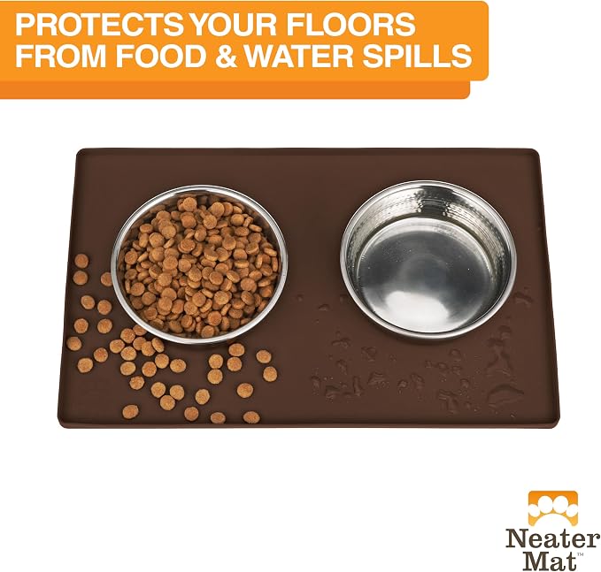 Neater Pet Brands Neater Mat Pet Mats for Food and Water, Cat & Dog Bowl Mat Waterproof Silicone, Feeding Tray, Dog Food Mats for Floors, Placemat w/Raised Edge for Under Bowls, 19” x 12”, Brown