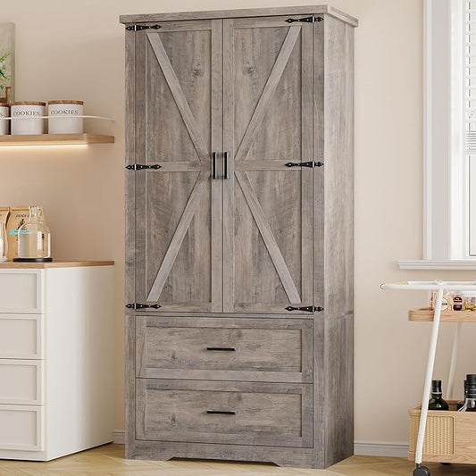 Pantry Organizers and Storage Cabinet, 71” Barn Door White Kitchen Cabinet