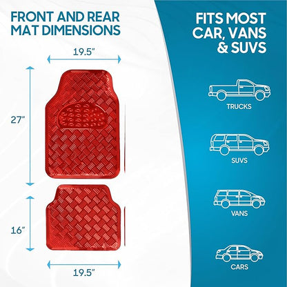 BDK Metallic Chrome Car Floor Mats All-Weather Universal Fit Automotive Floor Mats for Cars SUVs, Floor Mats for Trucks, Car Mats Full Set Front & Rear, Non-Slip Backing - Red