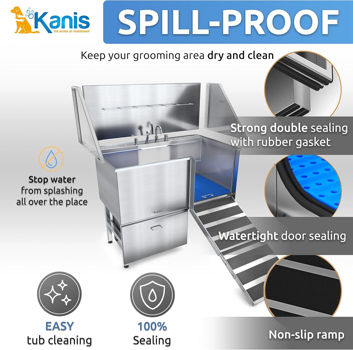 KANIS Professional Dog Washing Station - 304 Stainless Steel Pet Wash Sink & Grooming Bath Tub for Home with Ramp, Shower, Floor Grate, Storage Drawer, Faucet, Drain Kit for Large, Medium & Small Pets
