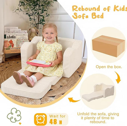 MeMoreCool Toddler Chair 2‑in‑1 Foldable Kids Couch Bed, Beige (Ages 1‑3) – Corduroy Lounge Chair That Pulls Out into Sofa‑Bed | High‑Density Foam, Machine‑Washable Cover for Little Ones