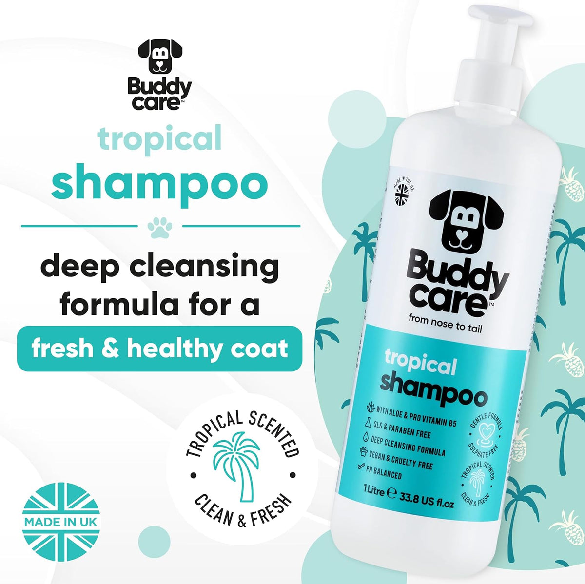 Tropical Dog Shampoo by Buddycare | Deep Cleansing Shampoo for Dogs | Tropical Scented | with Aloe Vera and Pro Vitamin B5 (33.8oz)