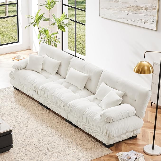 133.8" Oversized White Chenille Cloud Couch, 3 Seater Modular Sectional Sofa, Deep Seat Fluffy Couch Set with 5 Pillows