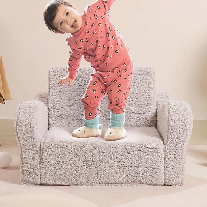 Kids Sofa, 2-in-1 Flip-Out Foam Couch with Soft Sherpa Cover, Cozy Play Lounge Chair, Grey