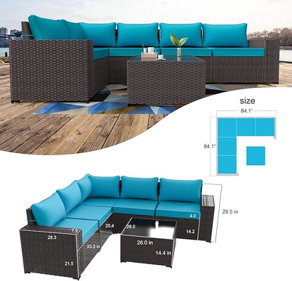 Kullavik Outdoor Patio Furniture Set 6 Pieces Sectional Rattan Sofa Set Brown PE Rattan Wicker Patio Conversation Set with 5 Seat Cushions and 1 Tempered Glass Table, Turquoise Blue
