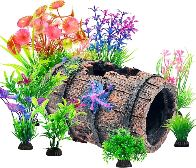 CousDUoBe Fish Broken Barrel Decor Fish Tank Decorations Betta Fish Tank Accessories,Starfish Barrel x 1pc, Aquarium Plants x 8pcs