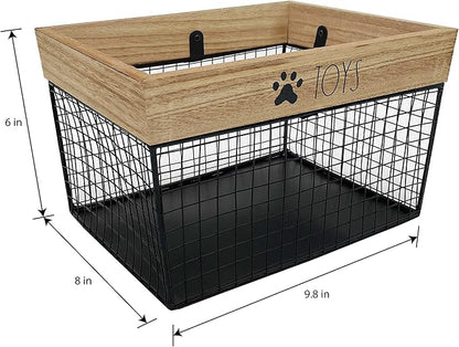 SmartSniffs Pet Toy Storage - Metal & Wood Dog & Cat Toy Bin - Organizer for Accessories, Leash, Blanket, Food - Container Baskets for Dogs & Cats, 9.75" x 8" x 6