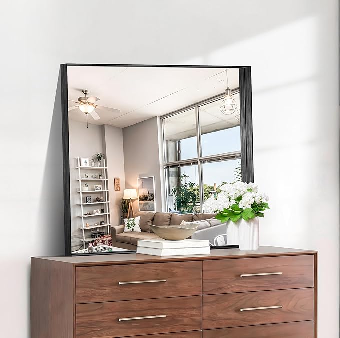 CIRCUMI Black Bathroom Mirror, Brushed Finish, Tempered Glass, Square Mirror