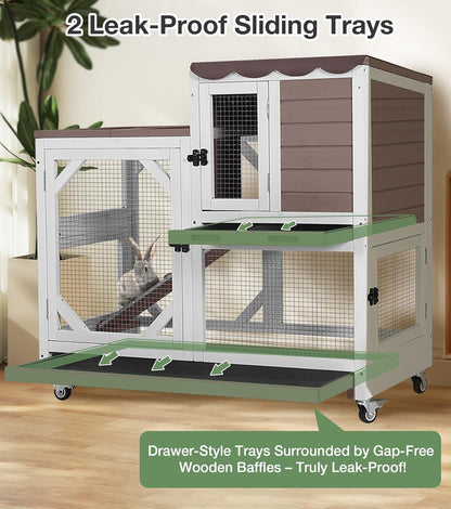 Rabbit Hutch 2-Story Wooden Bunny Cage with 2 Leak-Proof Sliding Trays, Chew-Proof Metal Mesh, Rainproof Cover, Indoor & Outdoor Guinea Pig House with Wheels - Brown